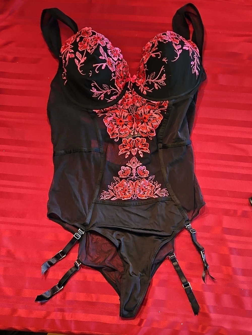 La Vie En Rose Black Bodysuit with Pink Floral Embroidery